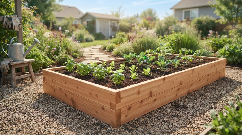 DIY raised garden bed filled with soil ready for planting.