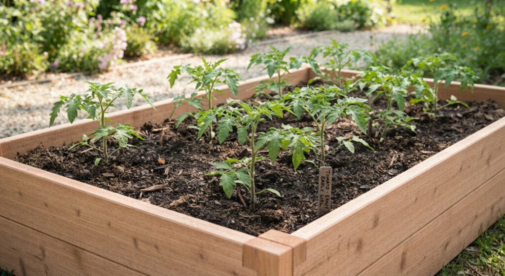 tomatoes growing in a DIY raised garden bed.
